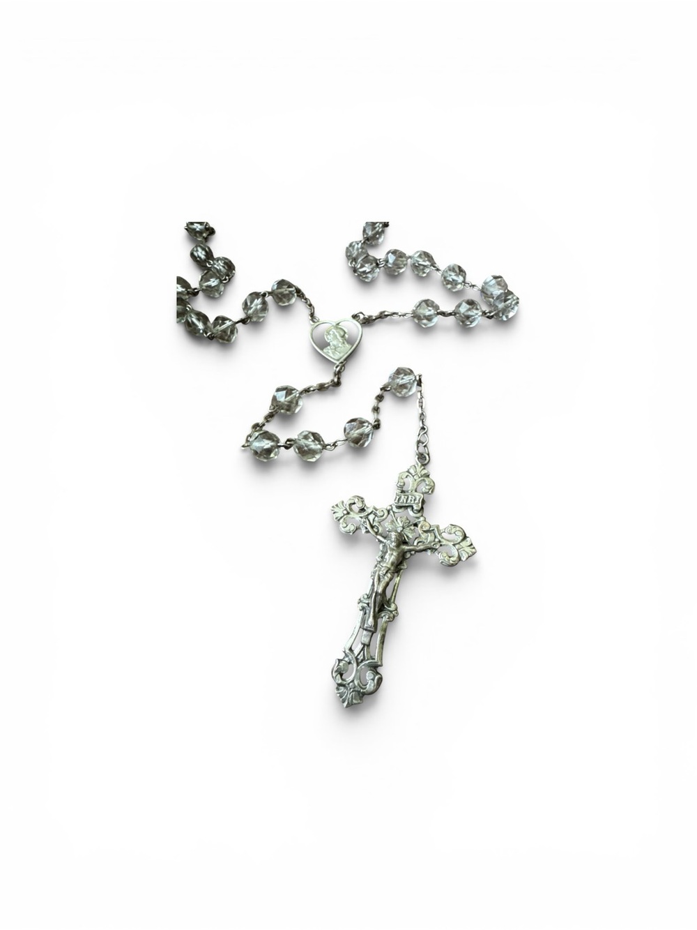 Vintage 1920s Art Deco Sterling Silver Italian Crystal Crucifix Rosary Necklace